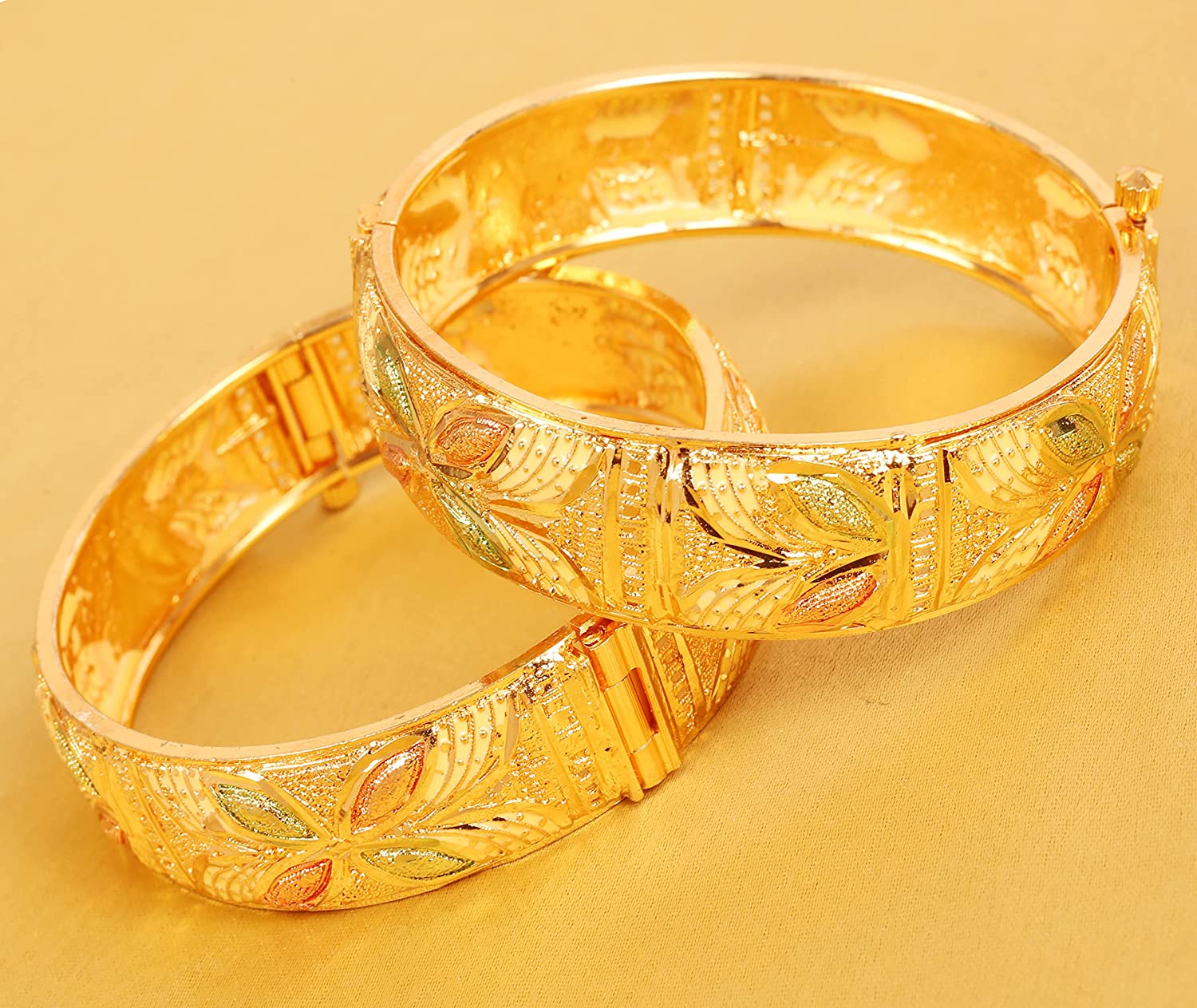 Touchstone Indian Bollywood Finely Hand Engraved Peeled Metal Pretty Mesh Work Jaipur Meenakari Enamel Exclusive Designer Jewelry Bangle Bracelets in Gold Tone for Women. - Image 3